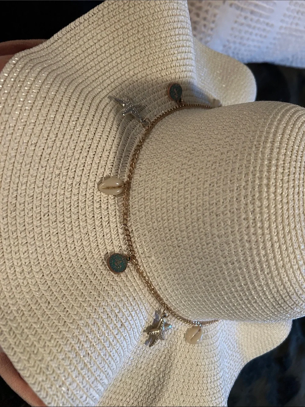 Jessica Simpson Cream Wide-Brim Straw Sun Hat with Charm Band